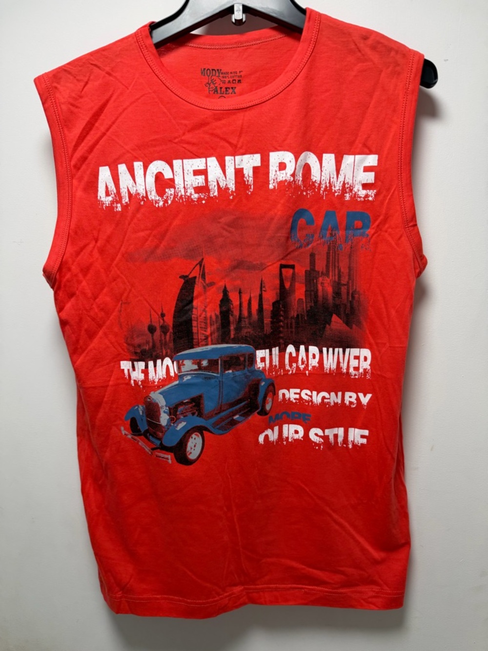 Kids Red Graphic Tank Top with Vintage Car Print